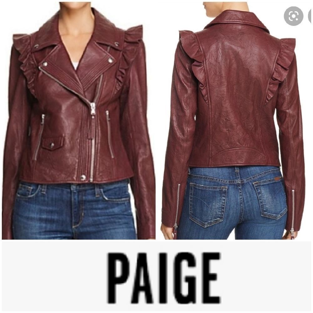 Paige Women's Annika Lamb Leather Dark Red Moto Jacket Sz Small Nwt